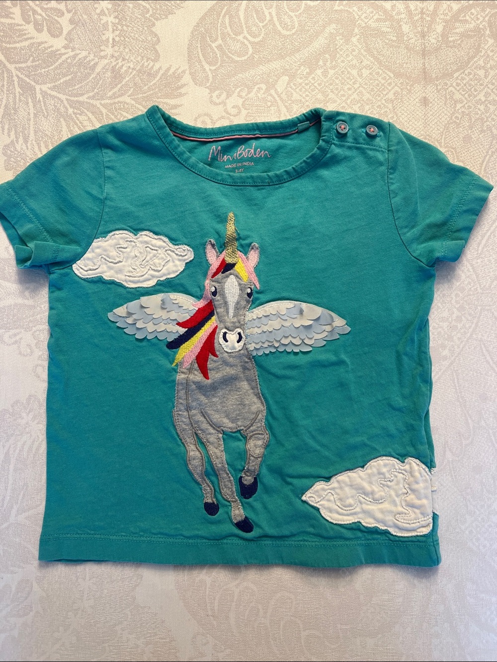 Mini Boden Teal Unicorn Appliqué Short Sleeve Tee